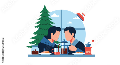 Cozy winter morning sharing coffee and breakfast near the Christmas tree creating a warm and intimate moment, perfect for holiday promotions and seasonal campaigns