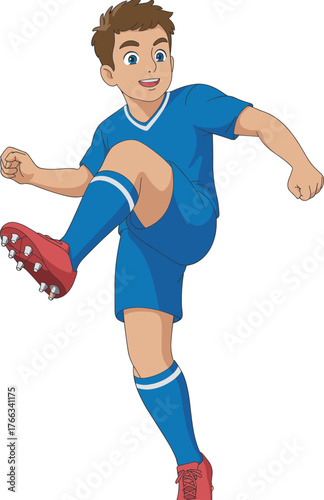 Young soccer player in blue uniform kicking ball, athletic action, youth sports, football training, dynamic movement, outdoor activity, competitive game