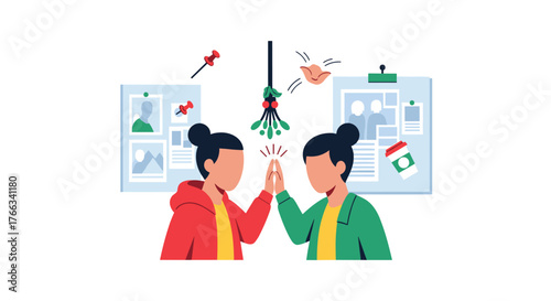 Boost holiday morale with colleagues celebrating project success with a high five under the mistletoe in a creative office space, symbolizing teamwork and joyful collaboration
