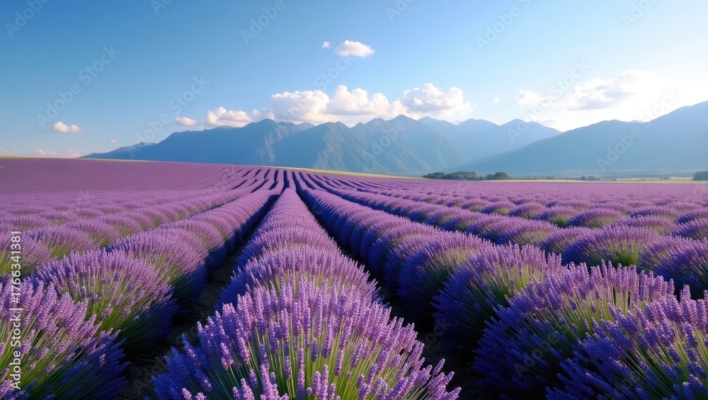 Obraz premium Blooming lavender field with rows of purple flowers stretching towards distant mountains under a clear blue sky with soft white clouds; 