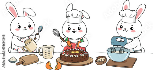 Cute bunny chefs baking cake — adorable rabbits cooking dessert together in chef hats, kawaii kitchen art for kids and decor