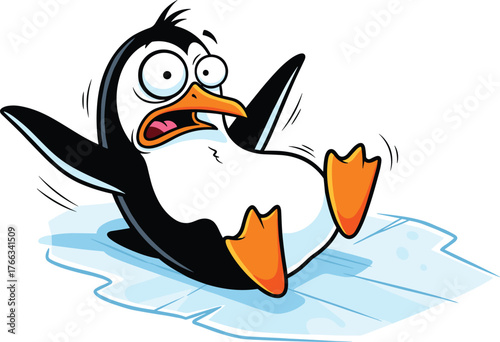 Funny cartoon penguin slipping on ice, cute surprised penguin illustration with open beak, adorable animal humor art for winter design