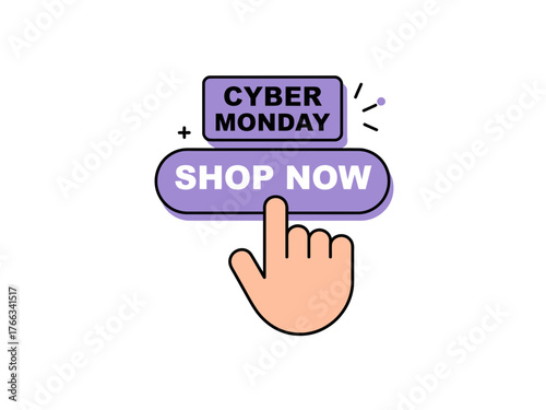 A hand clicks the "Shop Now" button for Cyber Monday.