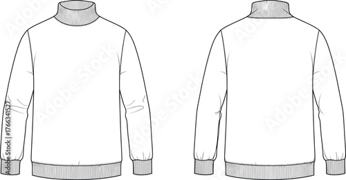 Long sleeve turtleneck sweater front and back view, ribbed cuffs and hem, folded high collar, fashion flat sketch, apparel design template illustration