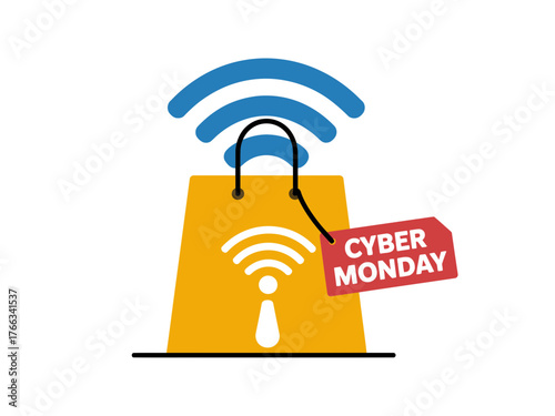 Cyber Monday shopping bag with WiFi symbol and tag signifies online deals.