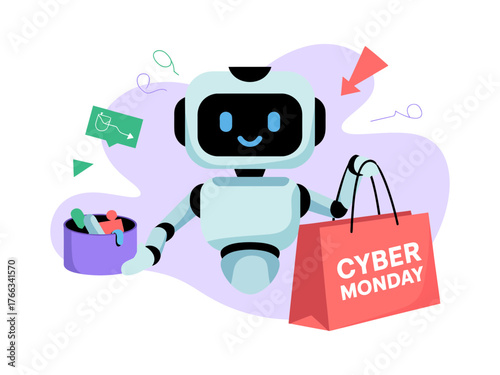 A friendly robot holds a shopping bag for Cyber Monday promotions.
