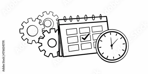 Illustration of gears, a calendar with a checkmark, and a clock representing time management