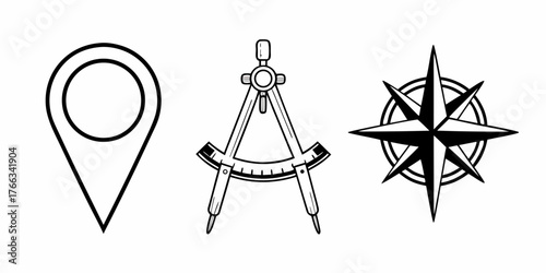 Illustration of a location pin, a navigation compass, and a compass rose in black and white graphics