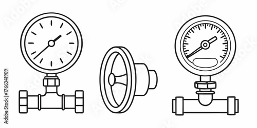 Illustration showing three different views of a pressure gauge and a valve in black outline