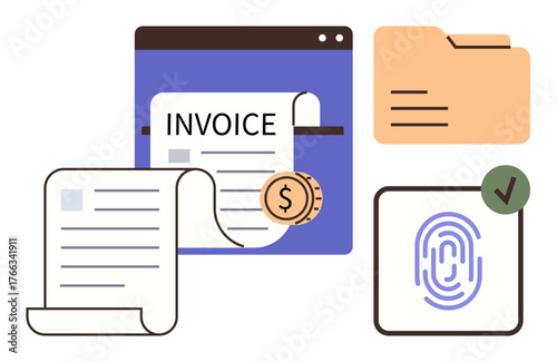 Rolled invoice on digital screen, folder, fingerprint authentication, coin. Ideal for finance, security, organization, authentication, business online services simple flat metaphor