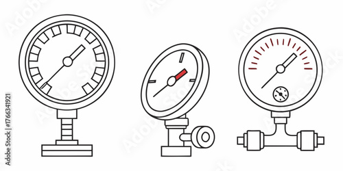 Three pressure gauges with different connection types and measurement scales in a line drawing style