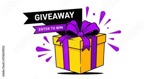Exciting yellow gift box with purple ribbon and festive splashes announcing a giveaway contest