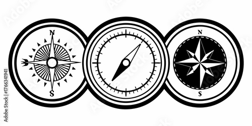 Three compasses arranged in a row each with a different design and orientation in black and white style