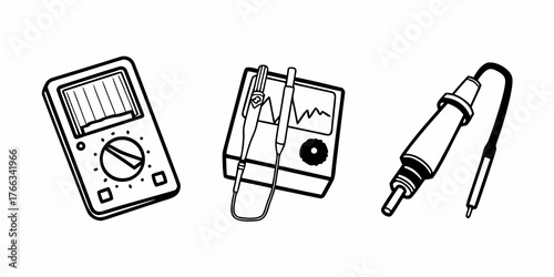 Illustration of a multimeter, oscilloscope, and soldering iron in black and white line drawing format