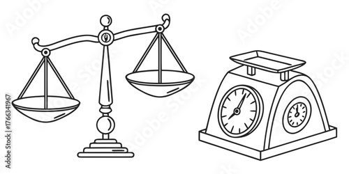 Illustration of a balance scale with hanging pans and a digital scale with two clock faces shown