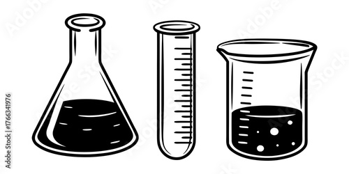 Illustration of three laboratory beakers and test tubes with liquid in black and white style