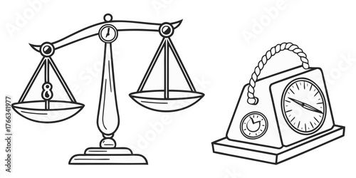 Illustration of a balance scale with an eight on one side and a clock with a rope handle on the right