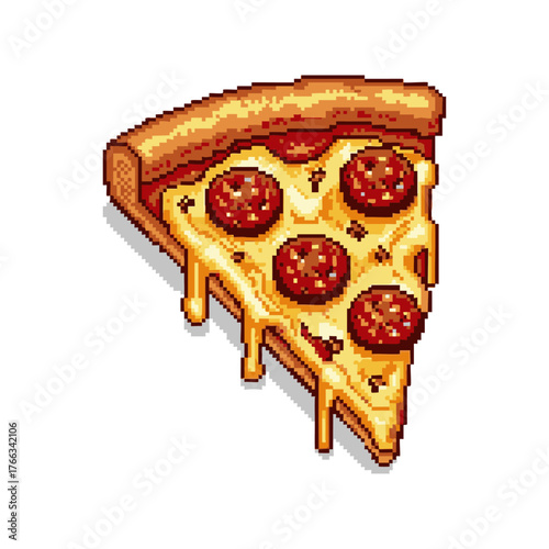 An isometric pixel art illustration of a mouthwatering pepperoni pizza slice with dripping cheese, a retro digital food concept generated with 14.ai
