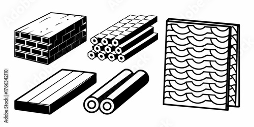 Isometric illustration of stacked bricks wood planks tubes and patterned wall panels in black and white