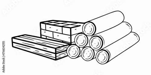 Illustration of stacked lumber planks bricks and cylindrical logs in a monochrome outline style art