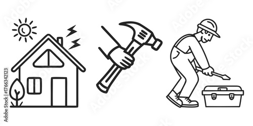 Illustration of a house with sun and lightning, a hand holding a hammer, and a construction worker