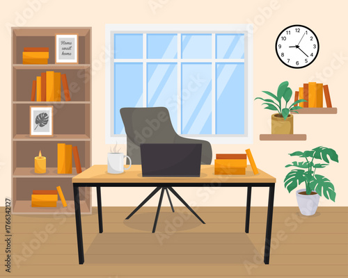 Home office work from home freelancer armchair desk laptop bookcase room plant window interior design