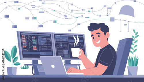 Smiling Male Programmer or Data Analyst Working on Dual Monitor Setup | Big Data Processing and Software Development