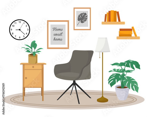 Room furniture interior design armchair room plant bedside wall frame clock home decor