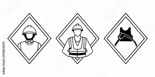 Three diamond shaped signs showing construction worker and safety vest in black and white style