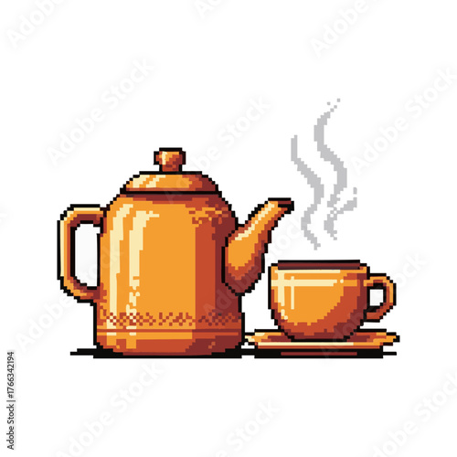 Pixelated illustration of a teapot and teacup, perfect for a cozy morning or afternoon break