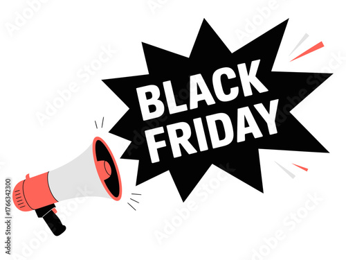 Black Friday sale announcement with a megaphone and starburst.