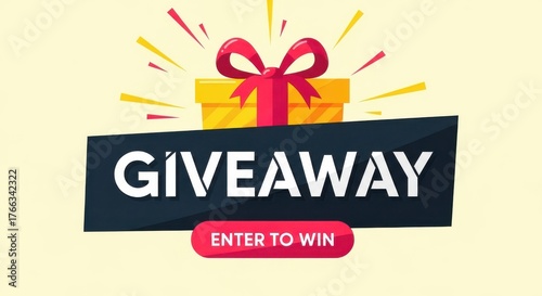 Exciting yellow gift box with red ribbon and giveaway announcement banner with enter to win button