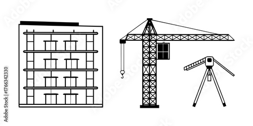 Illustration of a building with windows, a crane, and a tripod on a white background scene view