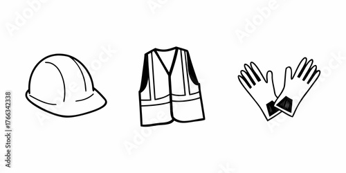 Illustration showcasing a hard hat, safety vest, and a pair of work gloves in black and white style