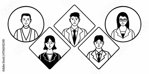Illustration of five people in business attire displayed in circles and diamond shapes on white background