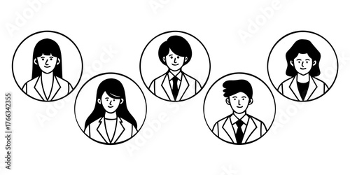 Illustration of five people in circles wearing suits and ties in a black and white color scheme