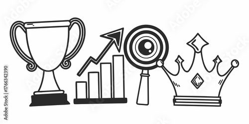 Trophy chart magnifier and crown in black and white doodle style representing success and achievement