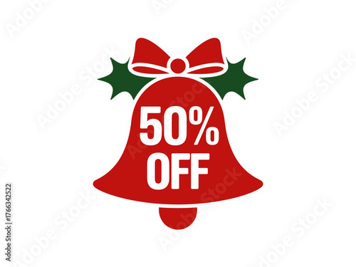 A festive Christmas bell announces a 50% off sale with holly accents.