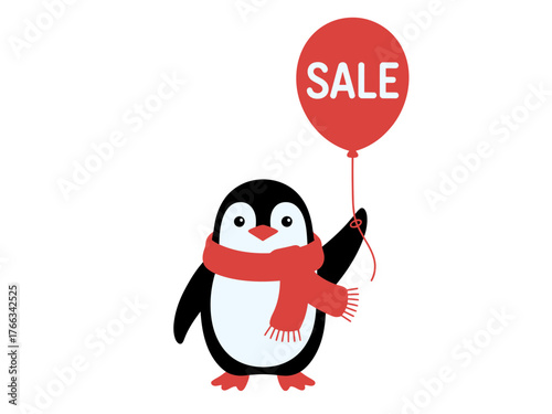 A penguin wearing a scarf holds a red balloon that says SALE.
