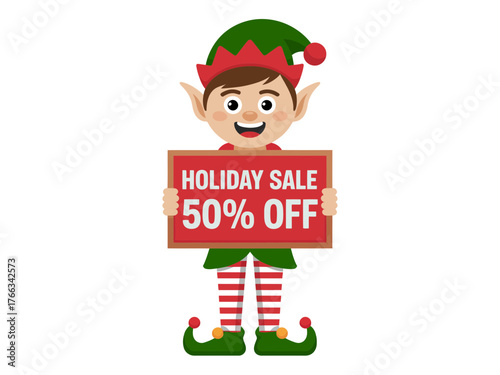 A cheerful Christmas elf holding a sign announcing a holiday sale of 50% off.