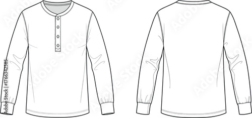  Men's Long Sleeve Henley T-Shirt Technical Drawing, Flat Sketch Vector Illustration, Front and Back Views, Casual Fashion Apparel Template, Simple Blank Design