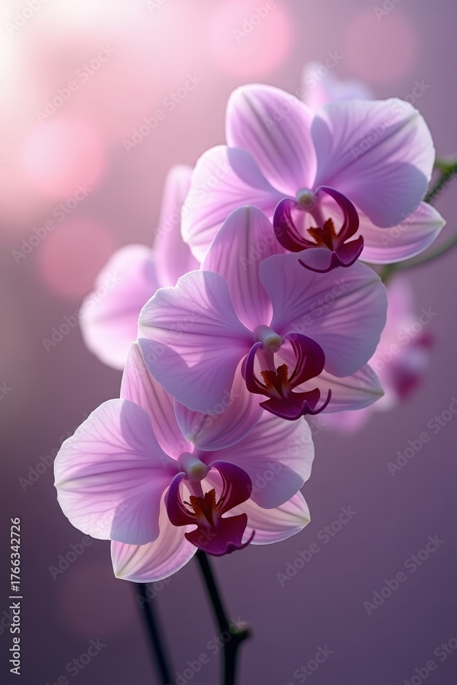Fototapeta premium of delicate orchid flowers in soft pink and purple hues, showcasing intricate petal details and a blurred, bokeh background that creates a serene and elegant composition.