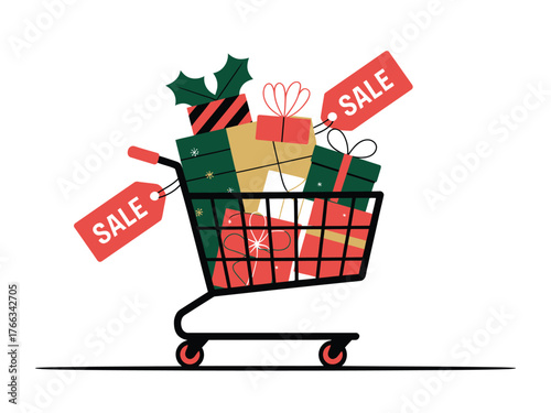 Shopping cart filled with gifts and sale tags, celebrating a holiday.