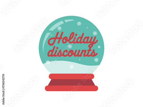 A snow globe advertises holiday discounts with a festive design.