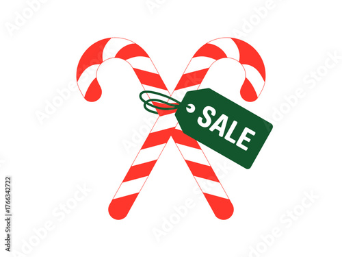 Two candy canes crossed with a green sale tag attached