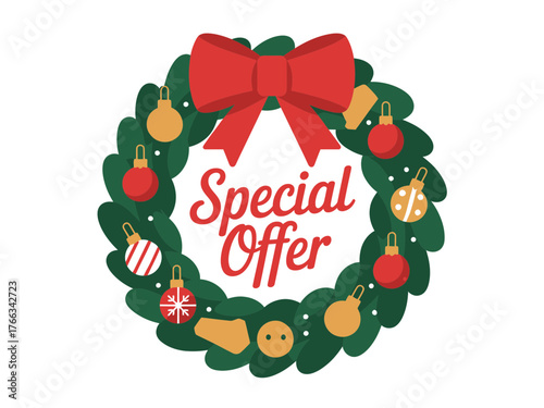 A festive Christmas wreath displays a 'Special Offer' message with ornaments and a red bow.