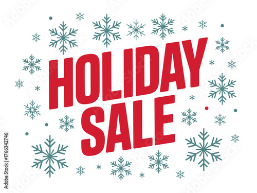 Holiday sale announcement surrounded by snowflakes and dots.
