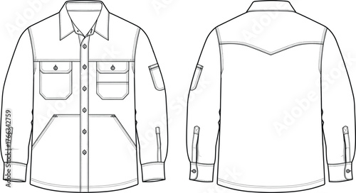 Men's Long Sleeve Heavy Duty Work Shirt Technical Drawing, Multi-Pocket Western Yoke Button-Up Flat Sketch Vector, Utility Apparel Template