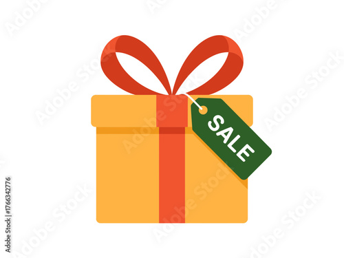 A yellow gift box with a red ribbon and a green 'Sale' tag is ready for purchase.