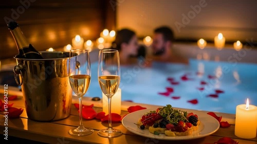 Romantic jacuzzi with champagne, candles, and a couple